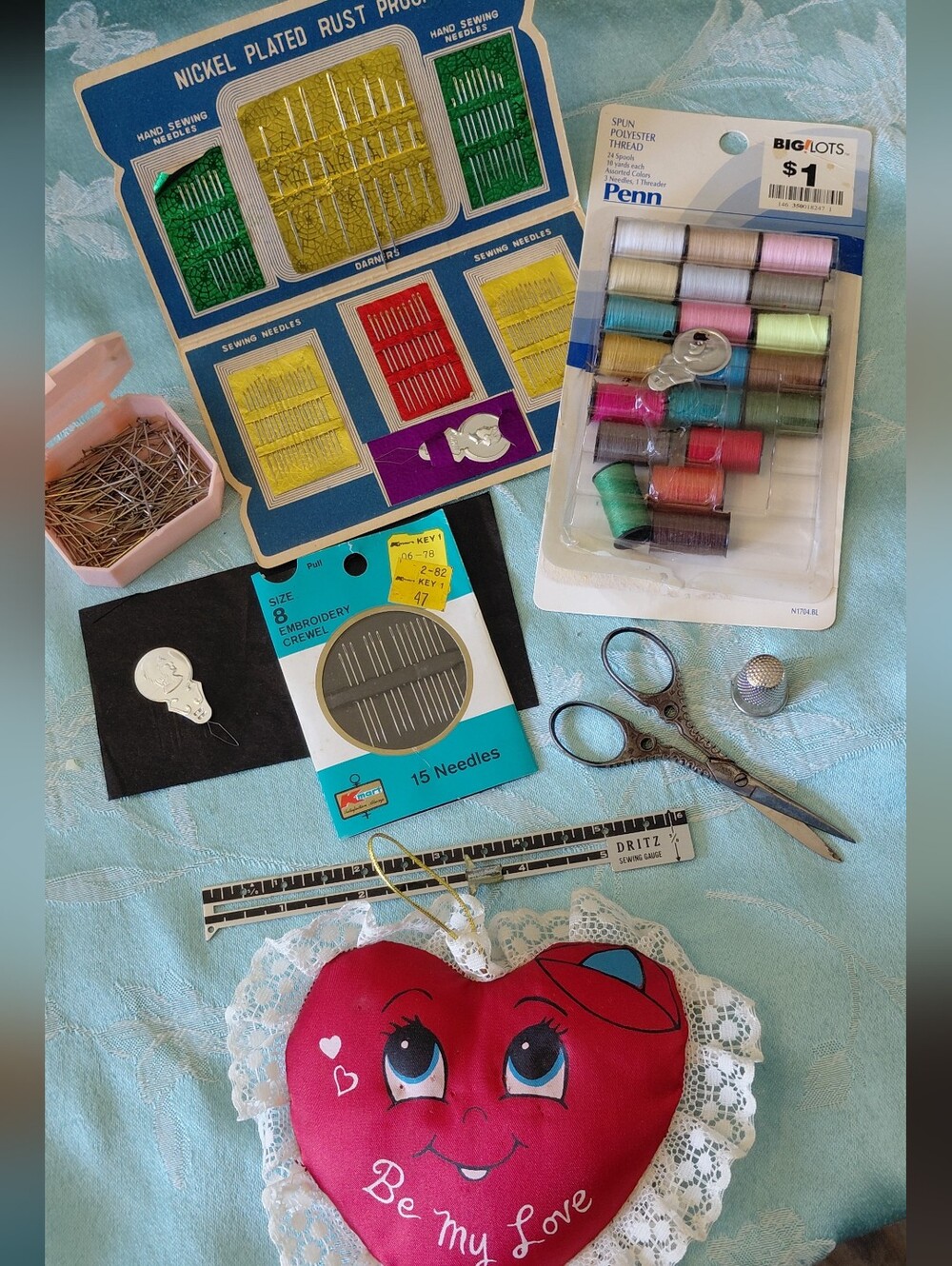 Vintage Sewing Kit Bundle with Thread Spools and Heart Pincushion